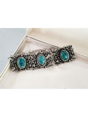 Vintage Egyptian Scarab Beetle and Silver Tone Panel Bracelet